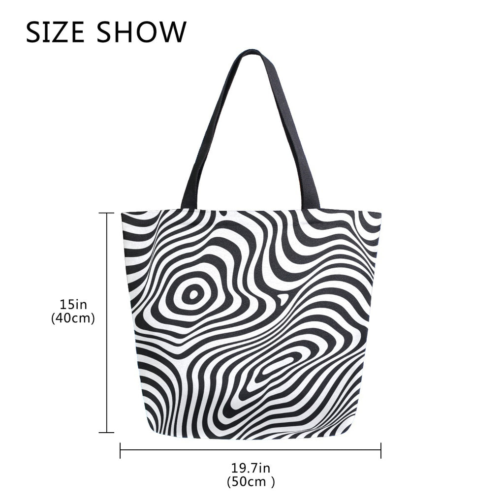 Abstract Unique Women Casual Shoulder Bag Handbag 3D Line Tote Bag Large Reusable Multipurpose Heavy Duty Shopping Grocery Cotton Bag for Outdoors