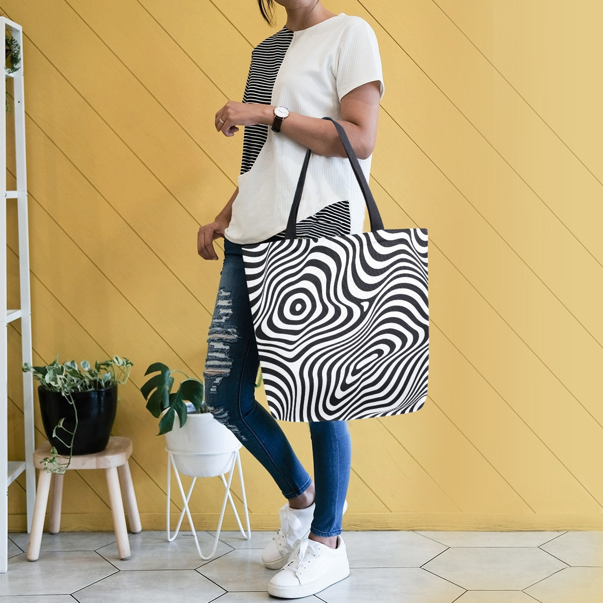 Abstract Unique Women Casual Shoulder Bag Handbag 3D Line Tote Bag Large Reusable Multipurpose Heavy Duty Shopping Grocery Cotton Bag for Outdoors