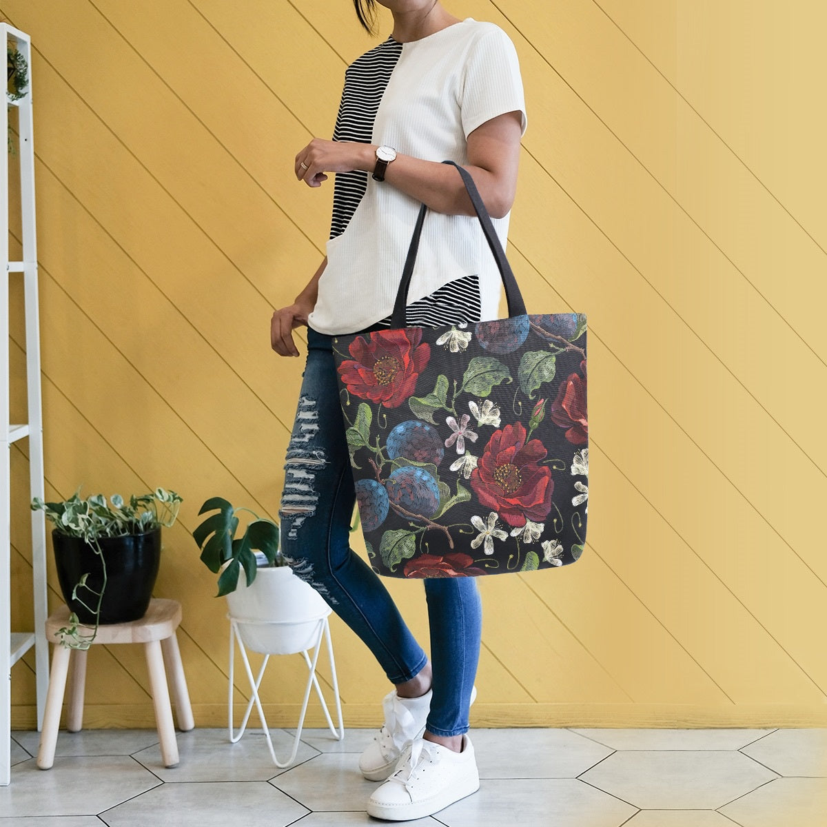 Abstract Unique Women Casual Shoulder Bag Handbag Flowers Tote Bag Large Reusable Multipurpose Heavy Duty Shopping Grocery Cotton Bag for Outdoors