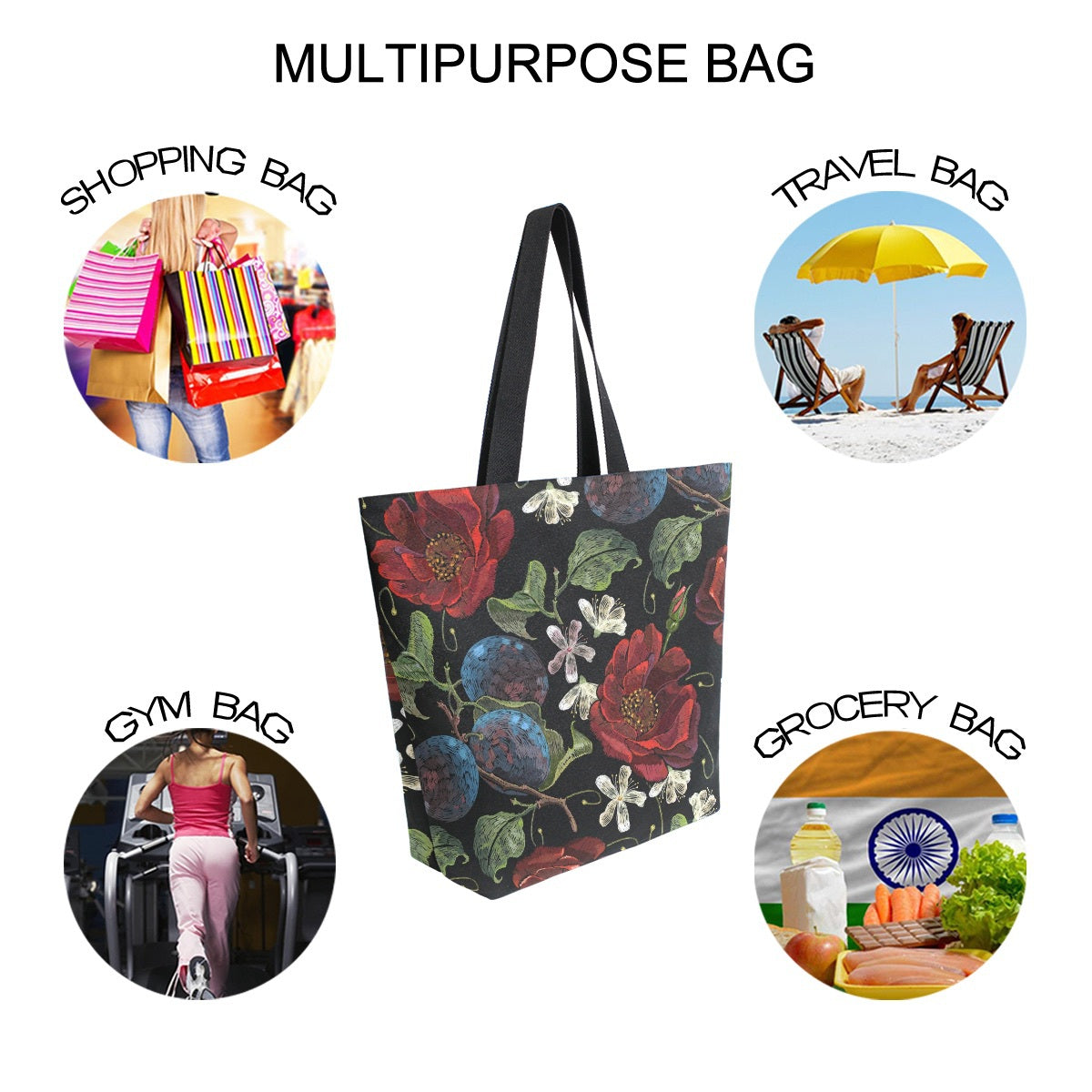 Abstract Unique Women Casual Shoulder Bag Handbag Flowers Tote Bag Large Reusable Multipurpose Heavy Duty Shopping Grocery Cotton Bag for Outdoors