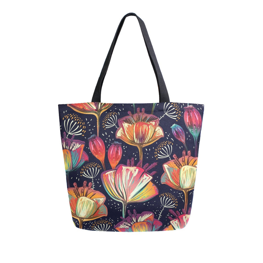 Abstract Unique Women Casual Shoulder Bag Handbag Flowers Tote Bag Large Reusable Multipurpose Heavy Duty Shopping Grocery Cotton Bag for Outdoors