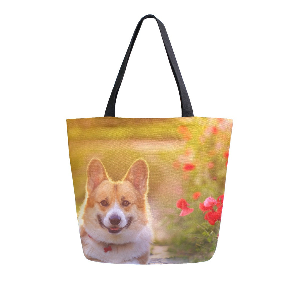 Abstract Unique Women Casual Shoulder Bag Handbag Cute Corgi Dog Tote Bag Large Reusable Multipurpose Heavy Duty Shopping Grocery Cotton Bag for Outdoors