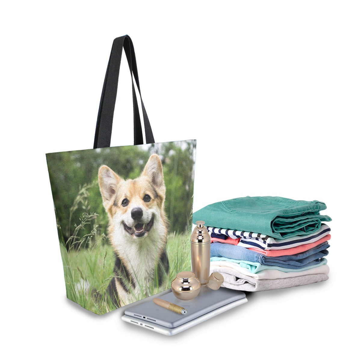 Abstract Unique Women Casual Shoulder Bag Handbag Cute Corgi Dog Tote Bag Large Reusable Multipurpose Heavy Duty Shopping Grocery Cotton Bag for Outdoors