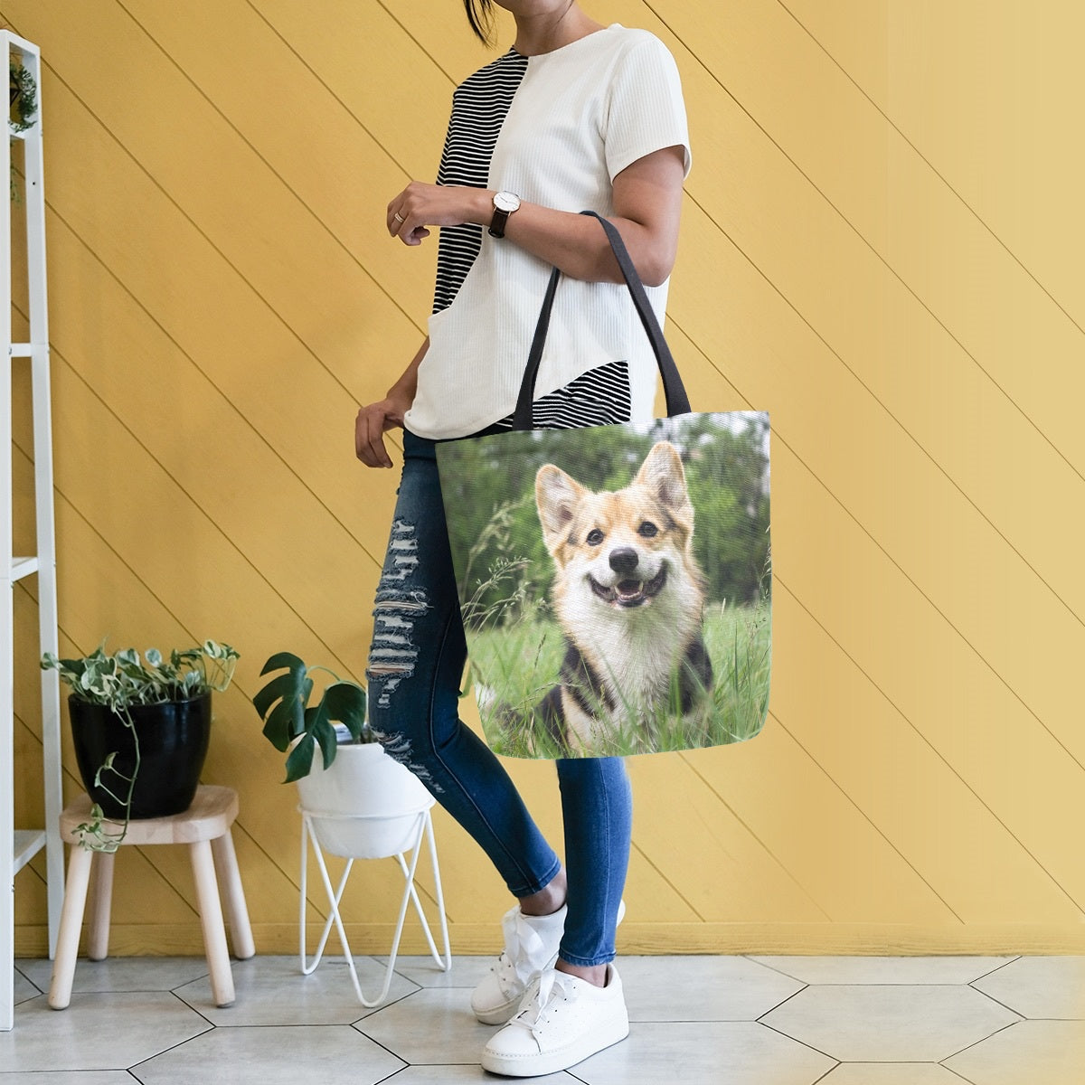 Abstract Unique Women Casual Shoulder Bag Handbag Cute Corgi Dog Tote Bag Large Reusable Multipurpose Heavy Duty Shopping Grocery Cotton Bag for Outdoors
