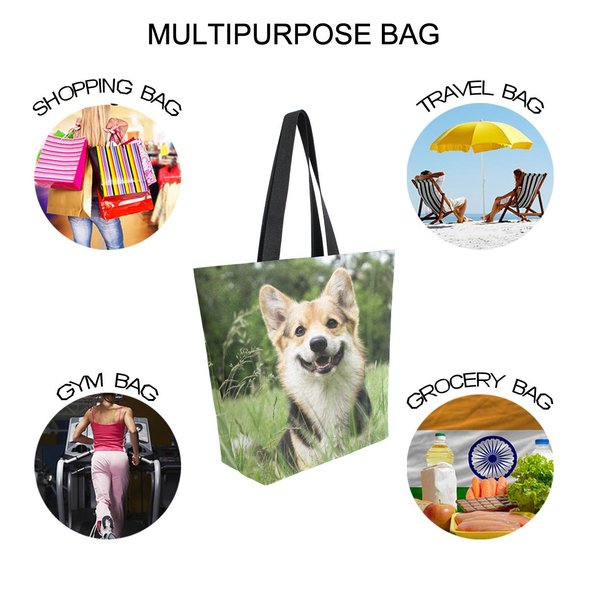 Abstract Unique Women Casual Shoulder Bag Handbag Cute Corgi Dog Tote Bag Large Reusable Multipurpose Heavy Duty Shopping Grocery Cotton Bag for Outdoors