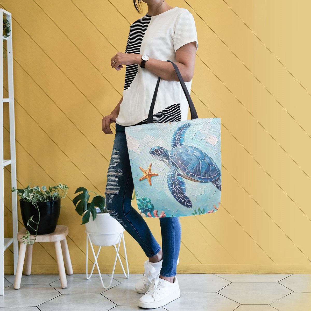Abstract Unique Women Casual Shoulder Bag Handbag Ocean Turtle Canvas Tote Bag Large Reusable Multipurpose Heavy Duty Shopping Grocery Cotton Bag for Outdoors