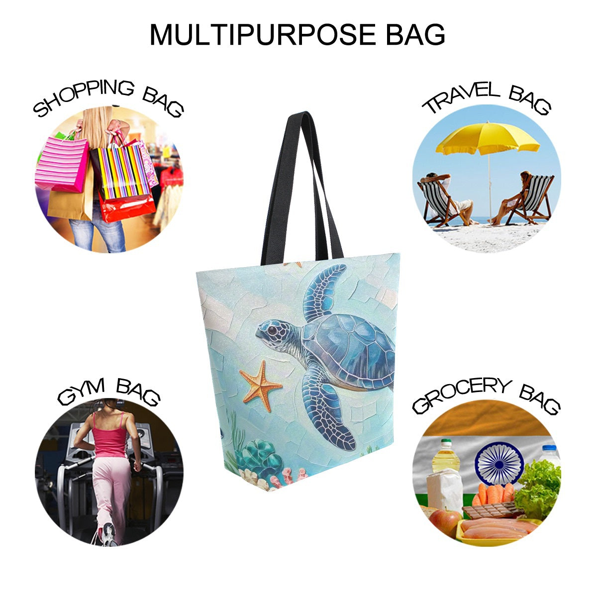 Abstract Unique Women Casual Shoulder Bag Handbag Ocean Turtle Canvas Tote Bag Large Reusable Multipurpose Heavy Duty Shopping Grocery Cotton Bag for Outdoors