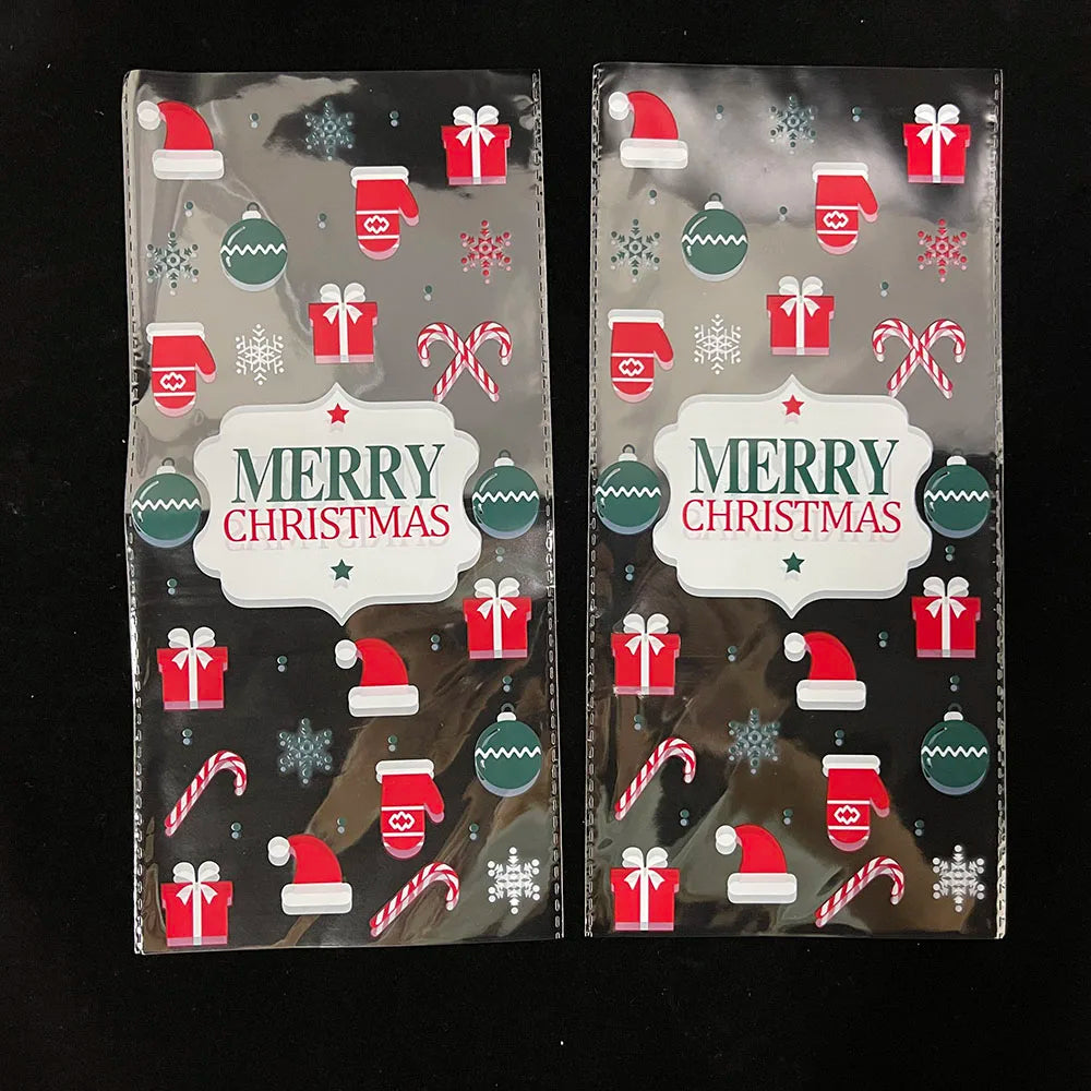 50pcs Christmas Transparent Plastic Gift Bag Candy Biscuit Cookie Snacks Baking Bag New Year Merry Christmas Party Decoration