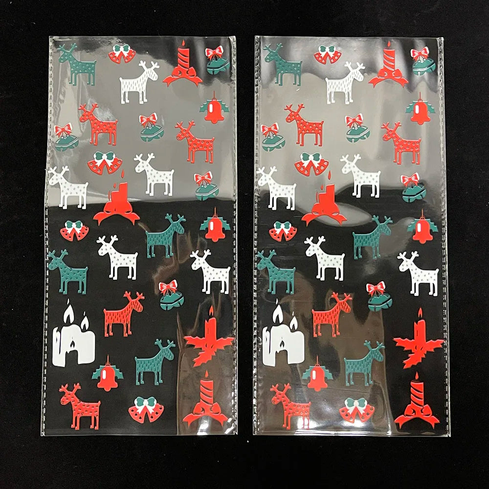 50pcs Christmas Transparent Plastic Gift Bag Candy Biscuit Cookie Snacks Baking Bag New Year Merry Christmas Party Decoration