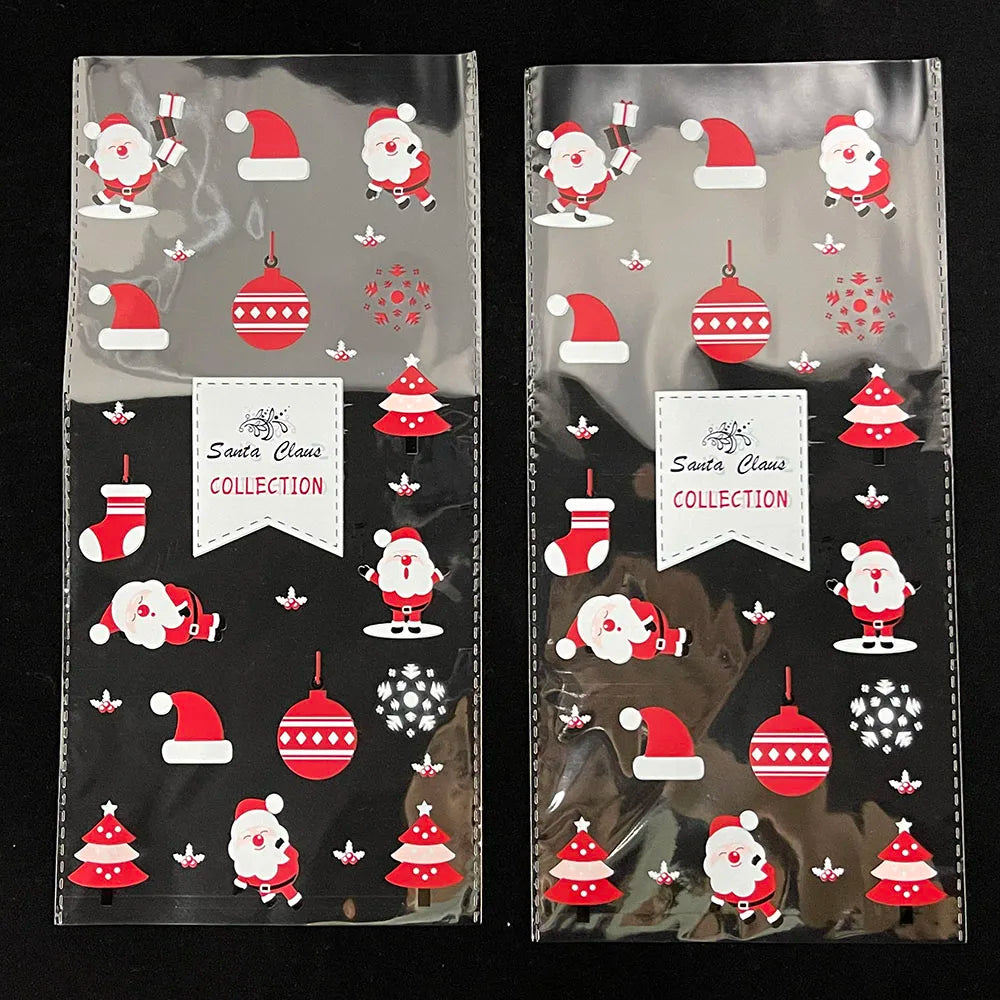 50pcs Christmas Transparent Plastic Gift Bag Candy Biscuit Cookie Snacks Baking Bag New Year Merry Christmas Party Decoration