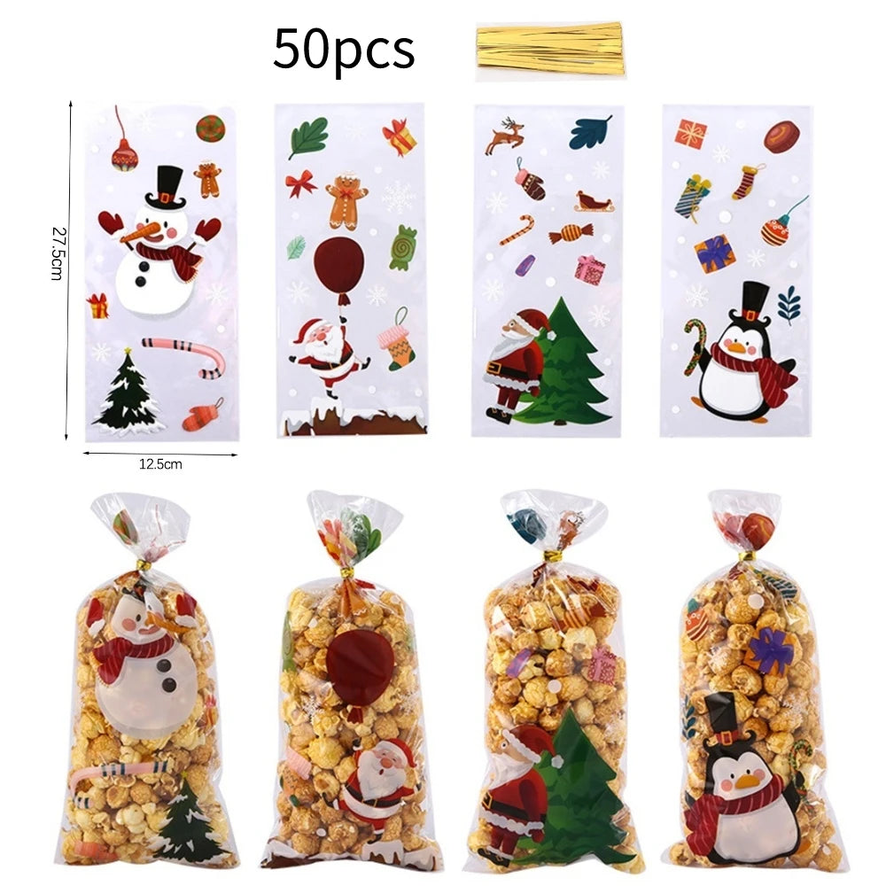 50pcs Christmas Transparent Plastic Gift Bag Candy Biscuit Cookie Snacks Baking Bag New Year Merry Christmas Party Decoration