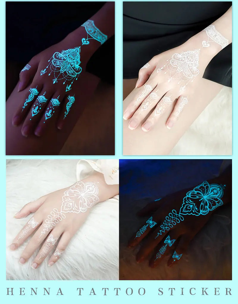 Sexy Tribal Lace Lotus Glow In The Dark Fake Tattoo,Blue Luminous Mandala Flower Temporary Henna Tattoos For Women Girls Hands