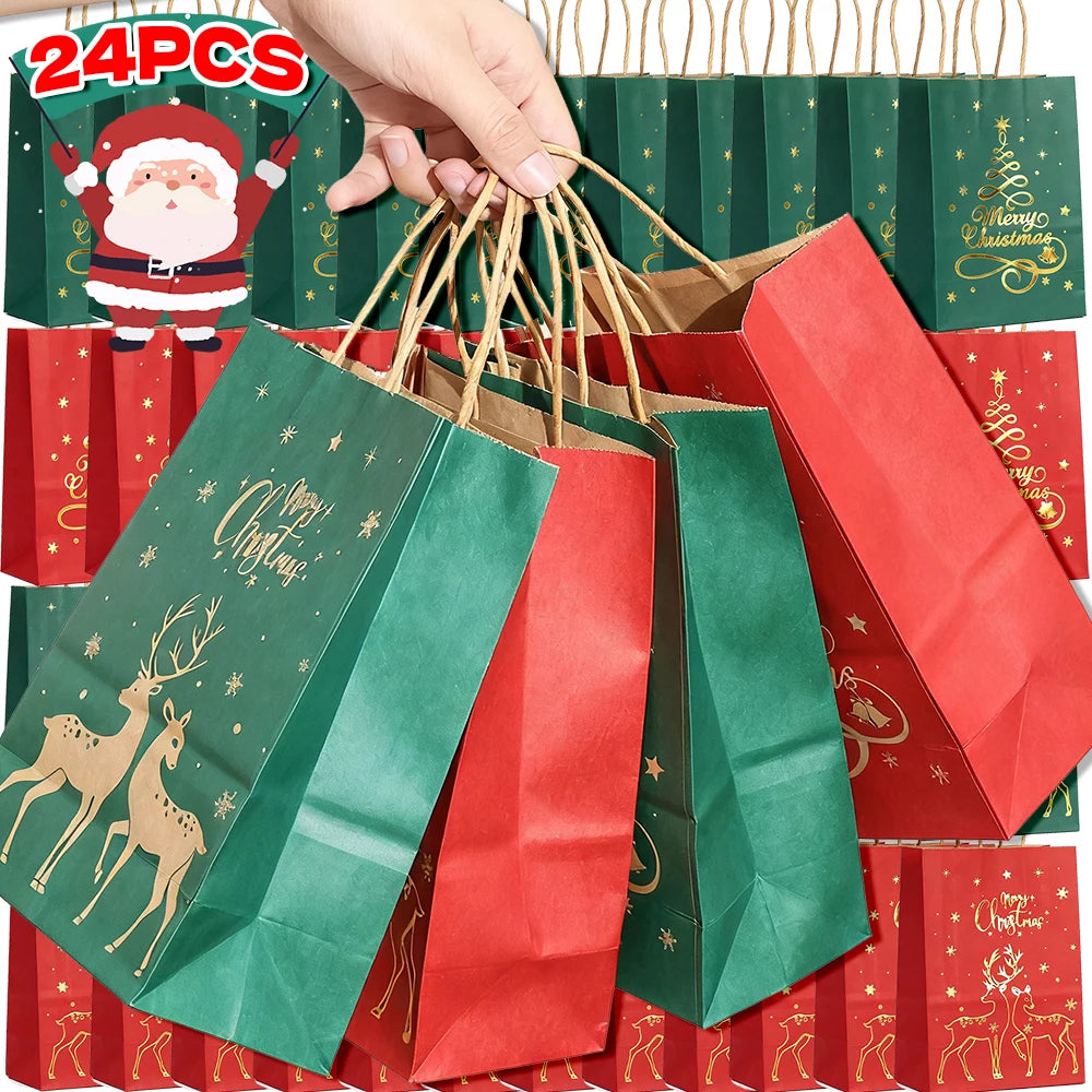 1-24PCS 21X15X8CM Christmas Kraft Paper Handbag Xmas Tree Elk Pattern Gift Candy Cookie Packaging Bags New Year Packing Portable Tote Bags