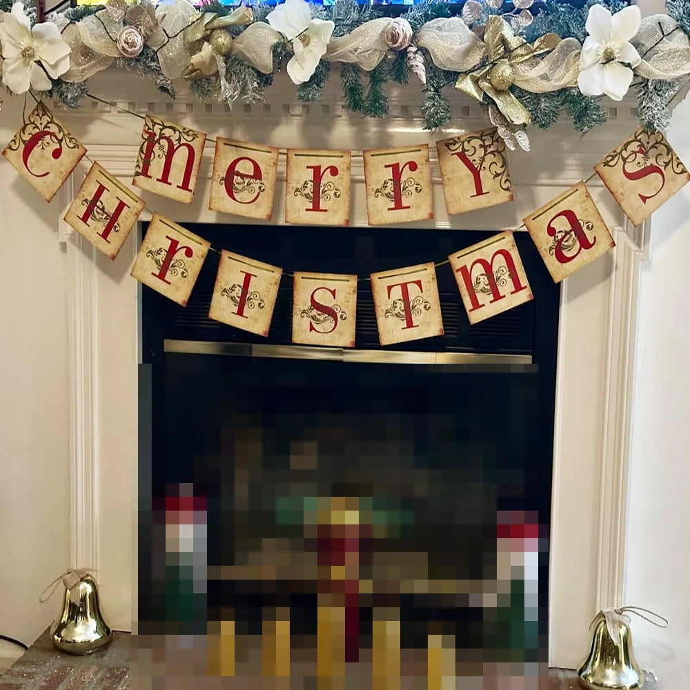 Merry Christmas Banner Christmas Decoration Retro Nostalgic Traditional Xmas Hanging Decor Merry Christmas Sign Fireplace Wall