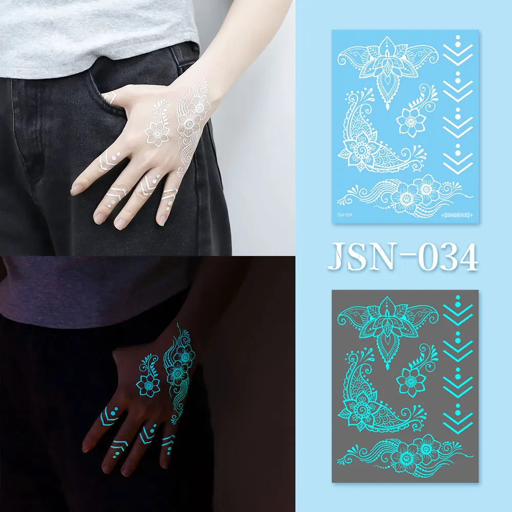 Sexy Tribal Lace Lotus Glow In The Dark Fake Tattoo,Blue Luminous Mandala Flower Temporary Henna Tattoos For Women Girls Hands
