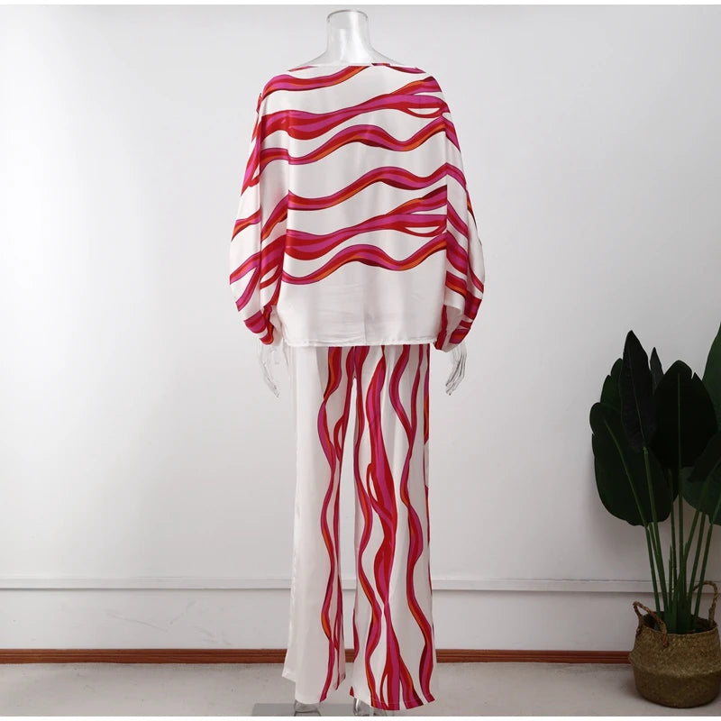 Women Satin Print Pajamas Suit Fashion Hollow Off Shoulder Tops with Long Pants 2 Piece Sets Homewear Commuting Outfits