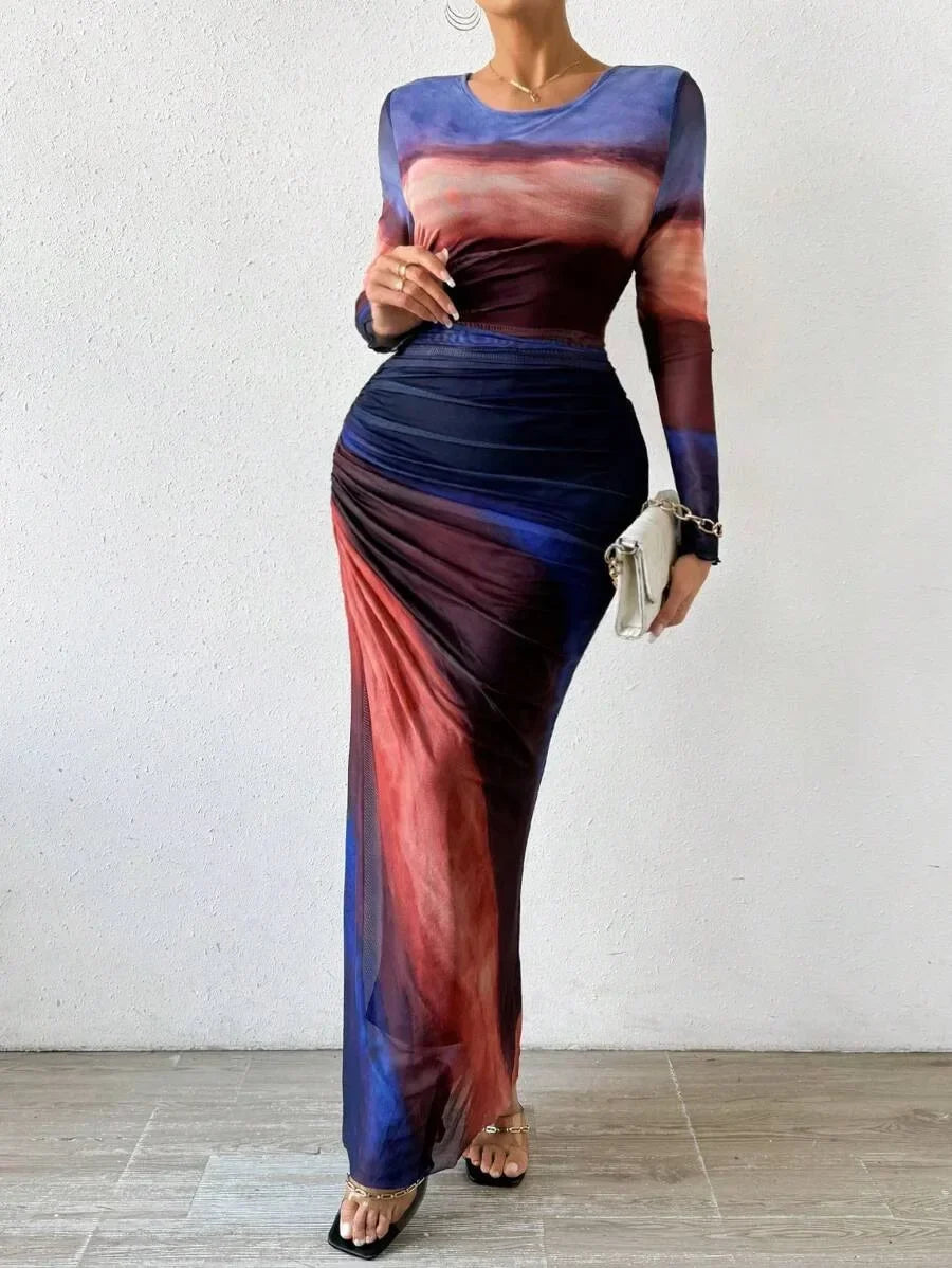 Tie-Dye High Waist Dresses Woman Mesh Print and Pleats Sexy Tight Fitting Slit Round Neck Dress Casual Long Sleeves Streetwear