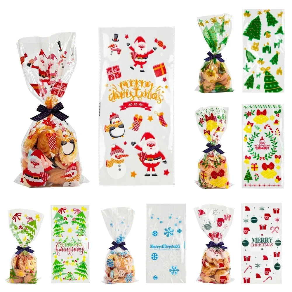 50pcs Christmas Transparent Plastic Gift Bag Candy Biscuit Cookie Snacks Baking Bag New Year Merry Christmas Party Decoration