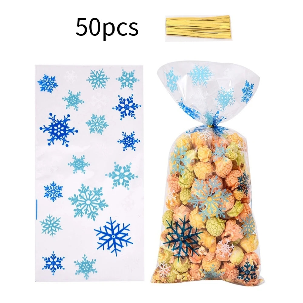50pcs Christmas Transparent Plastic Gift Bag Candy Biscuit Cookie Snacks Baking Bag New Year Merry Christmas Party Decoration