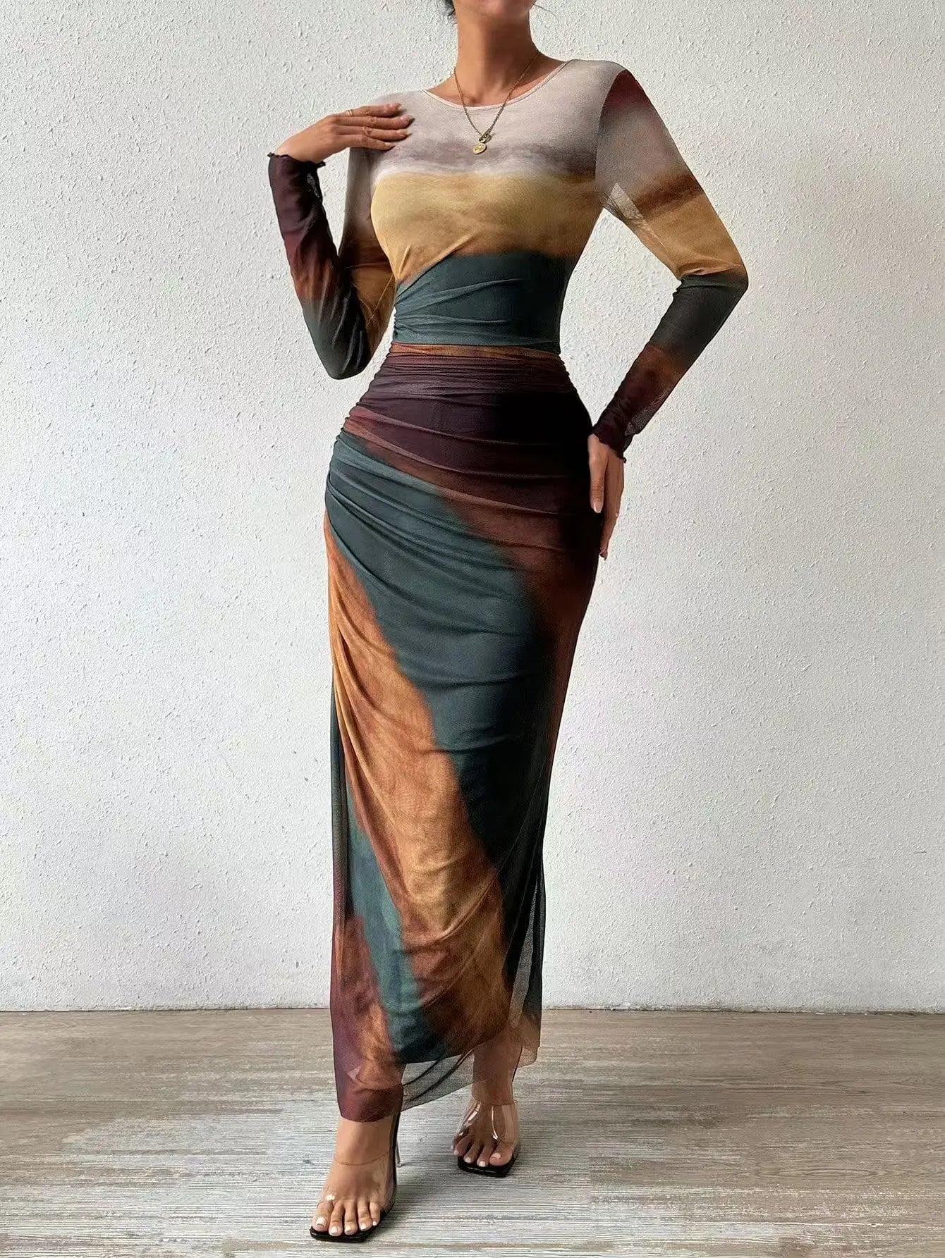 Tie-Dye High Waist Dresses Woman Mesh Print and Pleats Sexy Tight Fitting Slit Round Neck Dress Casual Long Sleeves Streetwear