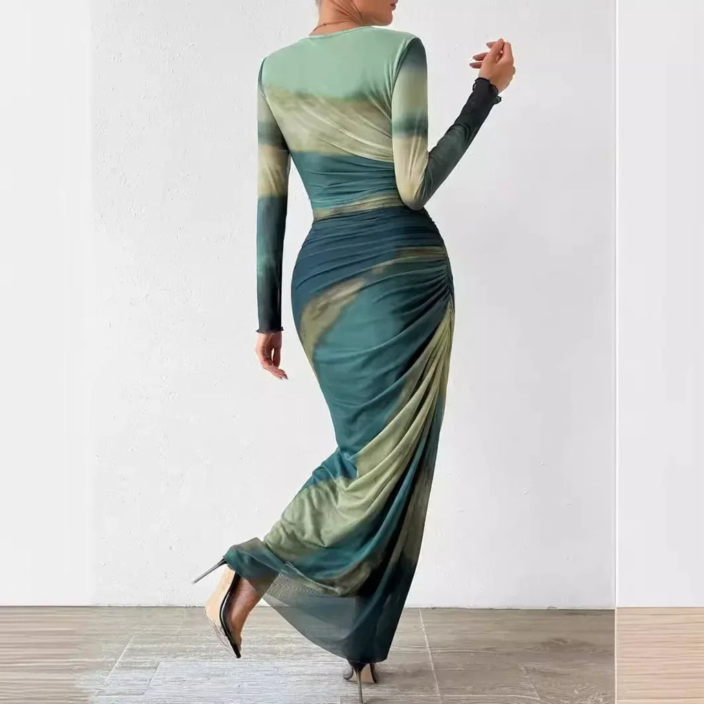 Tie-Dye High Waist Dresses Woman Mesh Print and Pleats Sexy Tight Fitting Slit Round Neck Dress Casual Long Sleeves Streetwear