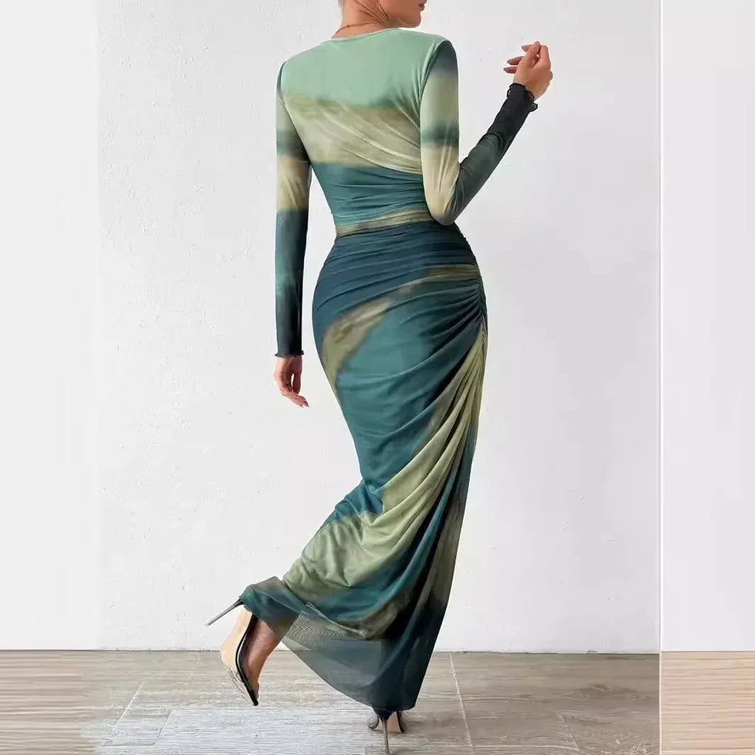 Tie-Dye High Waist Dresses Woman Mesh Print and Pleats Sexy Tight Fitting Slit Round Neck Dress Casual Long Sleeves Streetwear