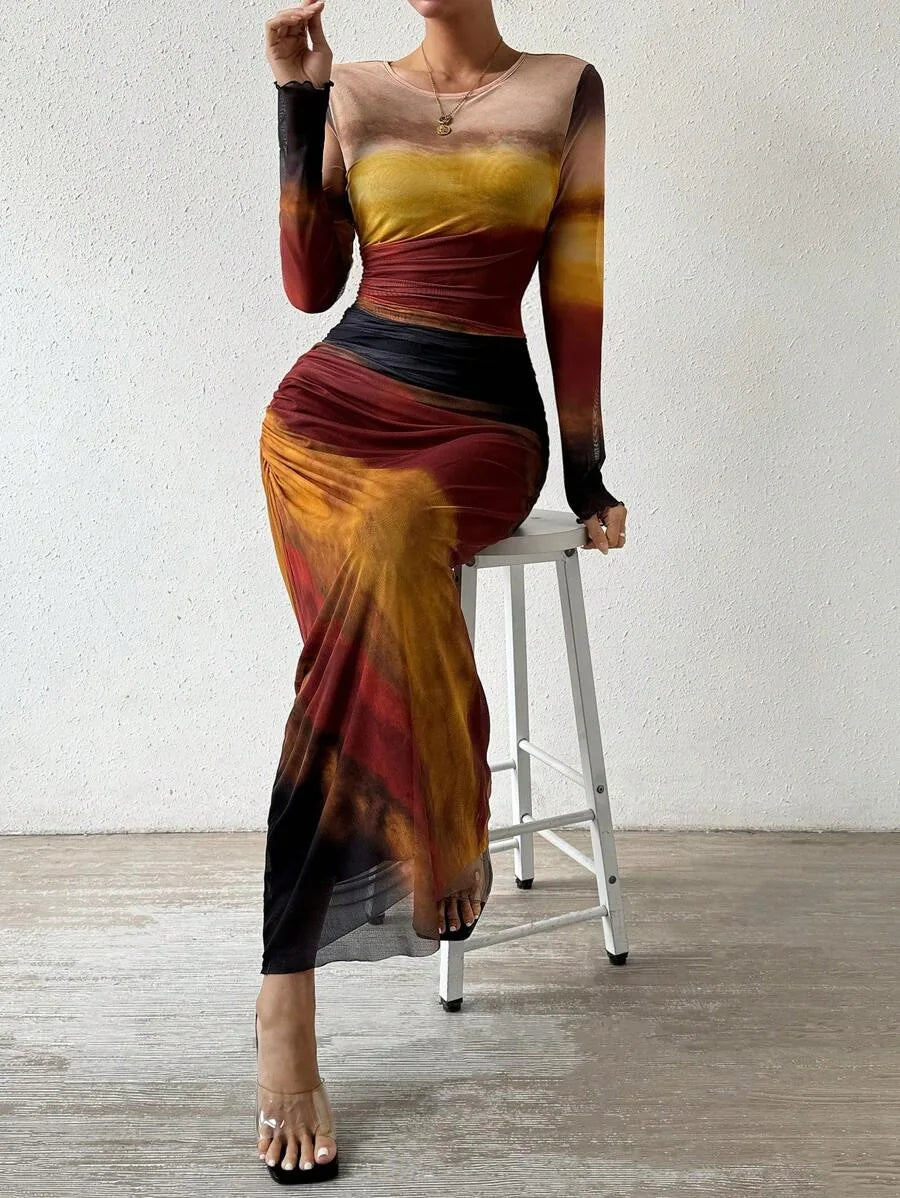Tie-Dye High Waist Dresses Woman Mesh Print and Pleats Sexy Tight Fitting Slit Round Neck Dress Casual Long Sleeves Streetwear