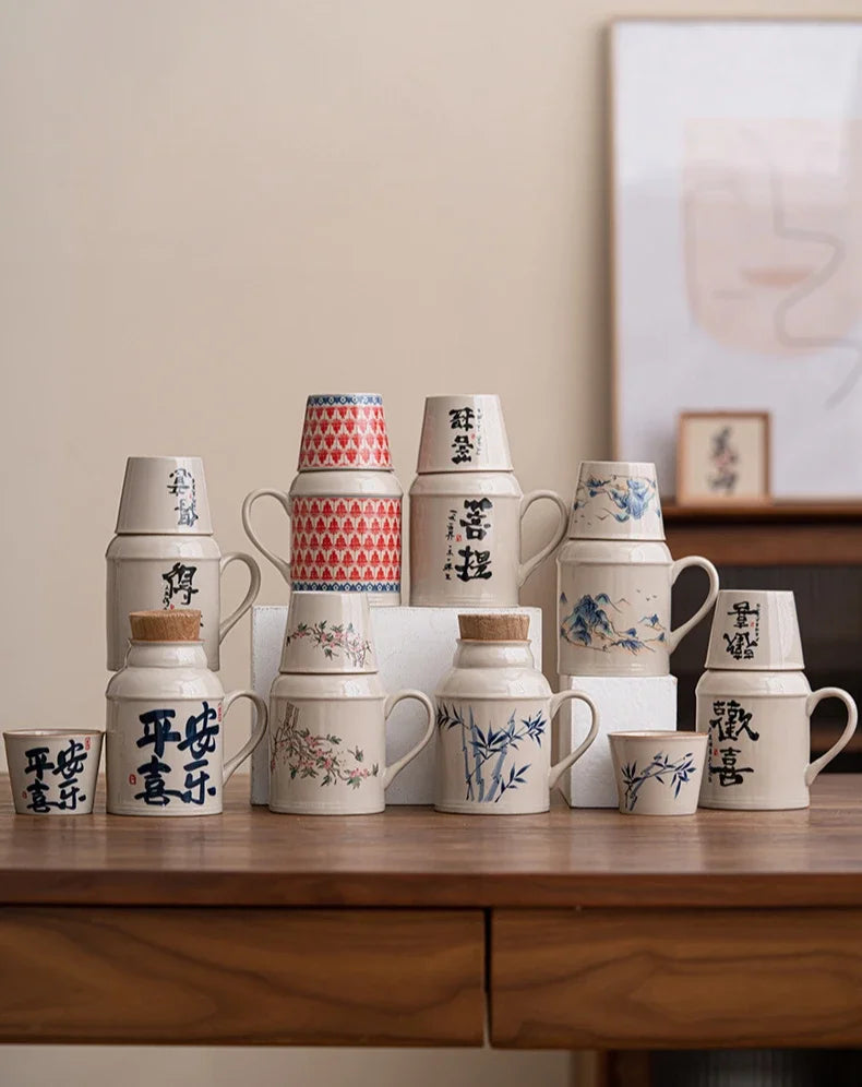 Ceramic Mugs with Cork Stopper Thermoses Handgrip Water Bottle Large Capacity Insulated Cup for Hot Tea Coffee Classic Drinkware