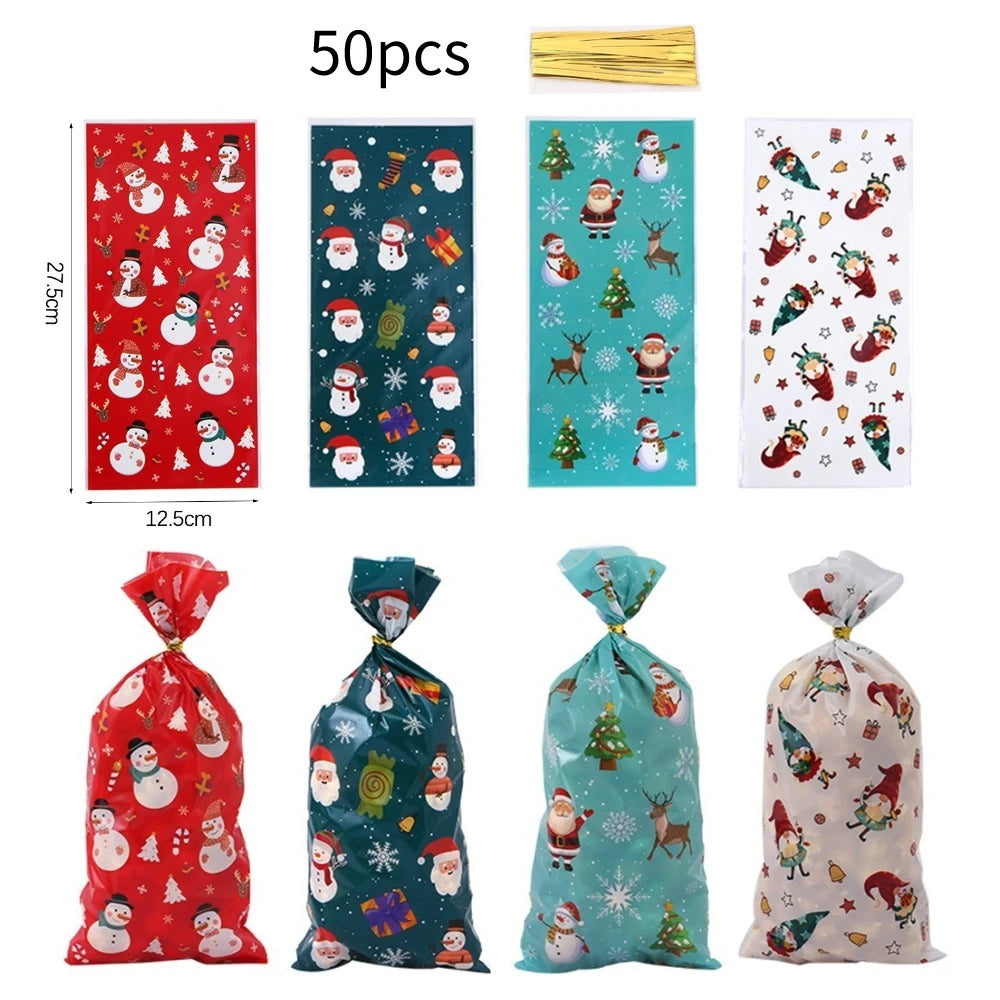 50pcs Christmas Transparent Plastic Gift Bag Candy Biscuit Cookie Snacks Baking Bag New Year Merry Christmas Party Decoration
