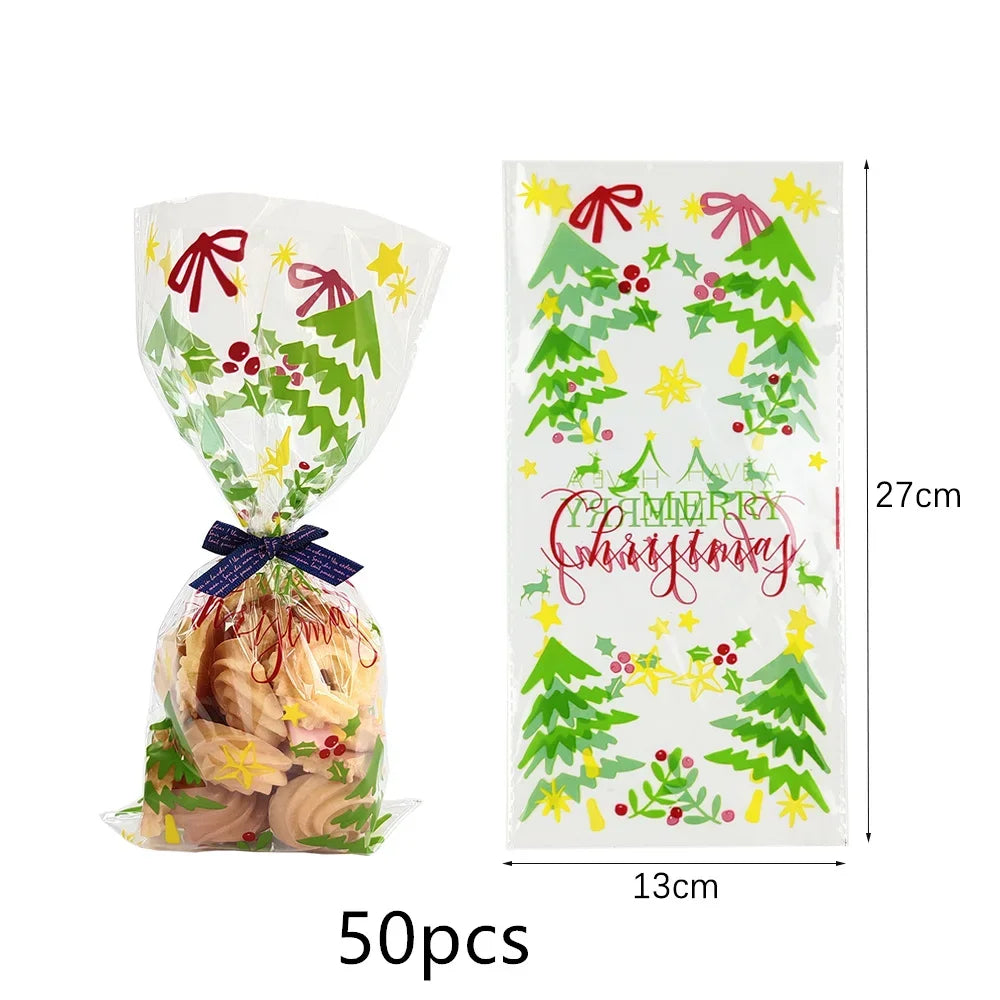 50pcs Christmas Transparent Plastic Gift Bag Candy Biscuit Cookie Snacks Baking Bag New Year Merry Christmas Party Decoration