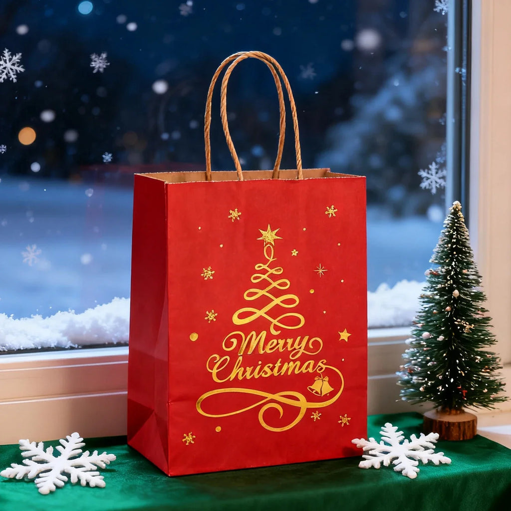 1-24PCS 21X15X8CM Christmas Kraft Paper Handbag Xmas Tree Elk Pattern Gift Candy Cookie Packaging Bags New Year Packing Portable Tote Bags