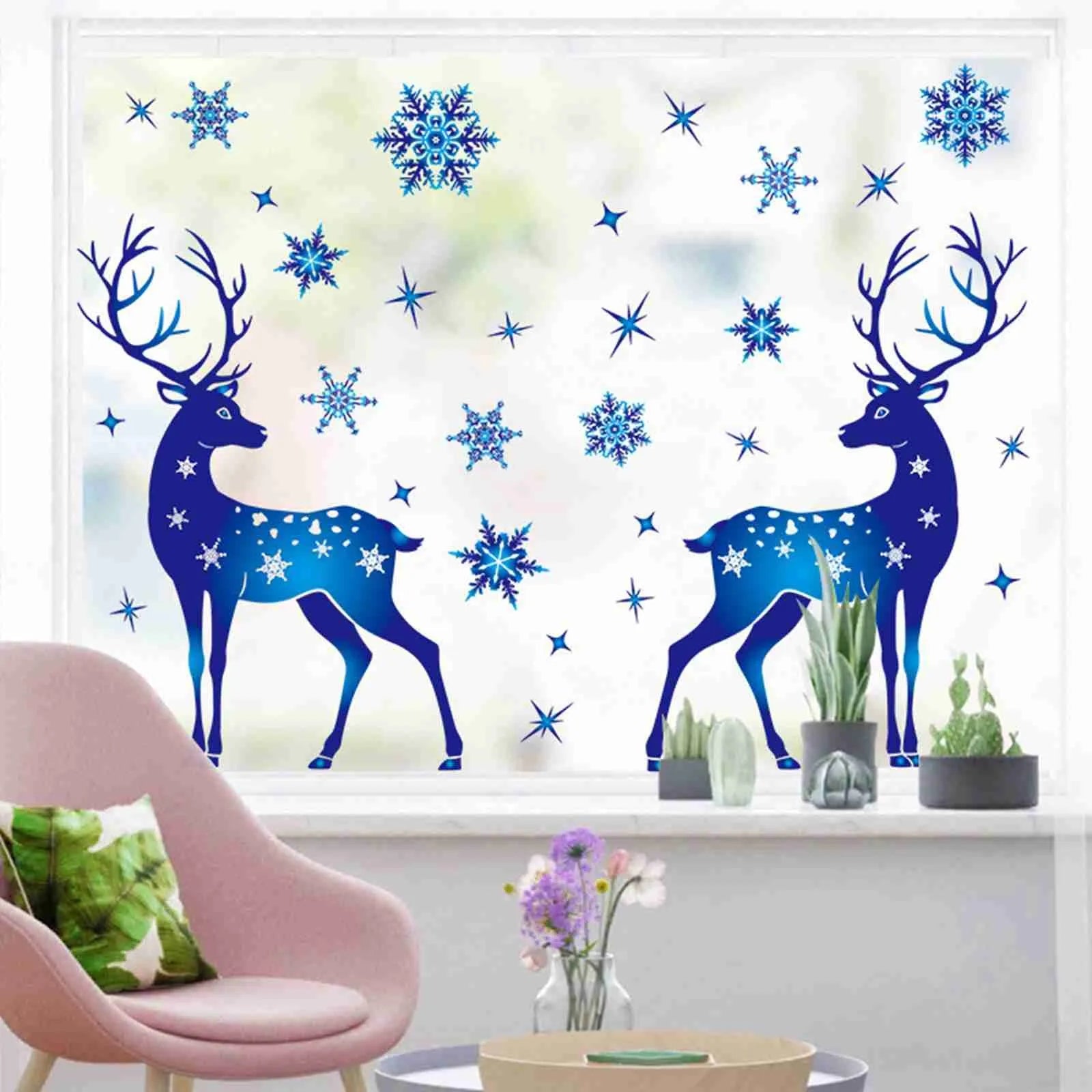 Christmas Window Clings Ornament Snowflake Sticker Glass Window Decoration Sticker Christmas Blue Snowflake Elk Wall Sticker