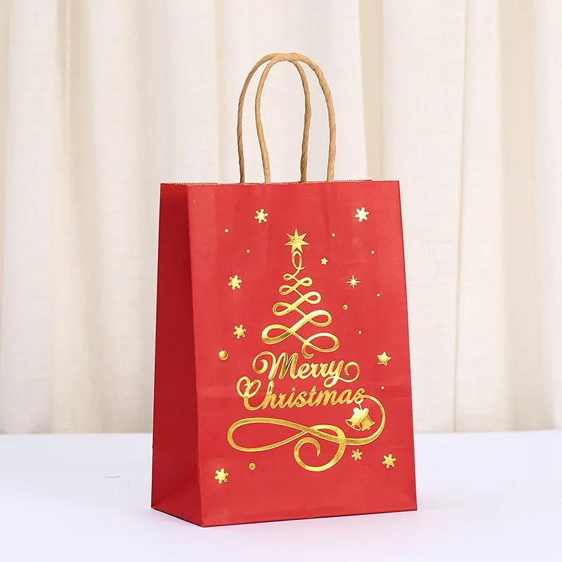 1-24PCS 21X15X8CM Christmas Kraft Paper Handbag Xmas Tree Elk Pattern Gift Candy Cookie Packaging Bags New Year Packing Portable Tote Bags