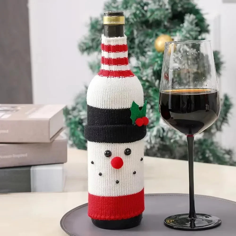 Christmas Wine Bottle Cover Set Santa Snowman Woven Wine Bottle Bags for Christmas Party Dinner Table Decorations New Year Gifts