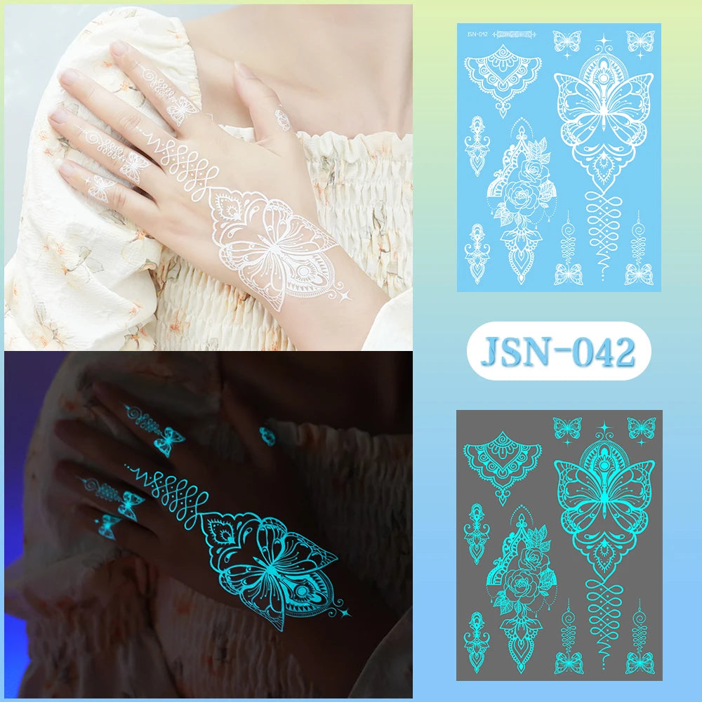 Sexy Tribal Lace Lotus Glow In The Dark Fake Tattoo,Blue Luminous Mandala Flower Temporary Henna Tattoos For Women Girls Hands