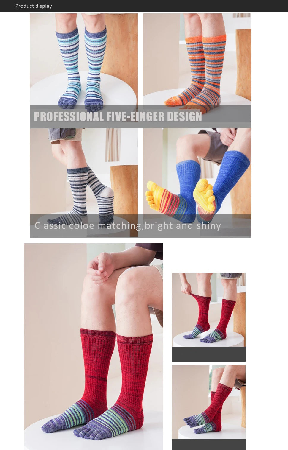 Man Toe Socks Long Plus Large Size Cotton Colorful Striped Compression Sport Fitness Happy Funny 5 Finger Calf Socks EU42-46