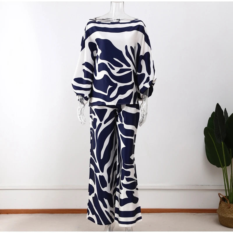 Women Satin Print Pajamas Suit Fashion Hollow Off Shoulder Tops with Long Pants 2 Piece Sets Homewear Commuting Outfits