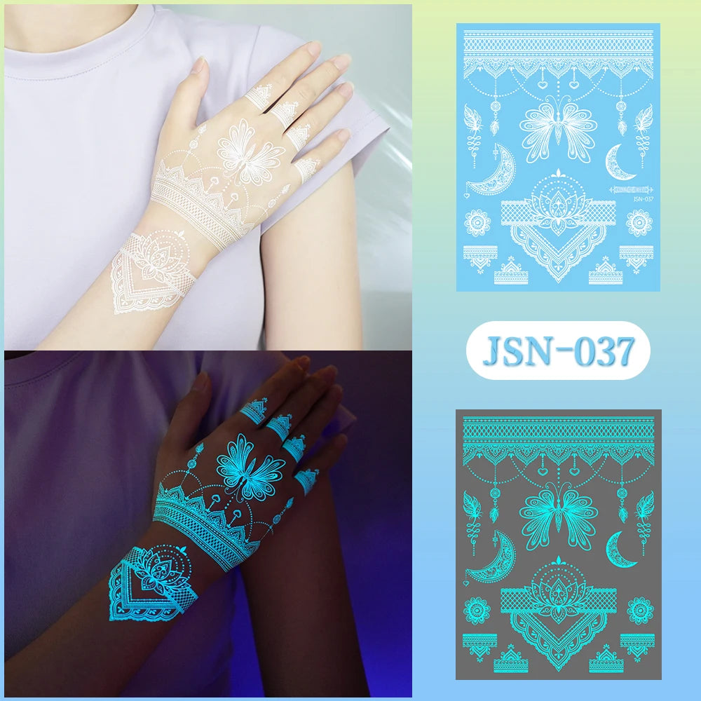 Sexy Tribal Lace Lotus Glow In The Dark Fake Tattoo,Blue Luminous Mandala Flower Temporary Henna Tattoos For Women Girls Hands