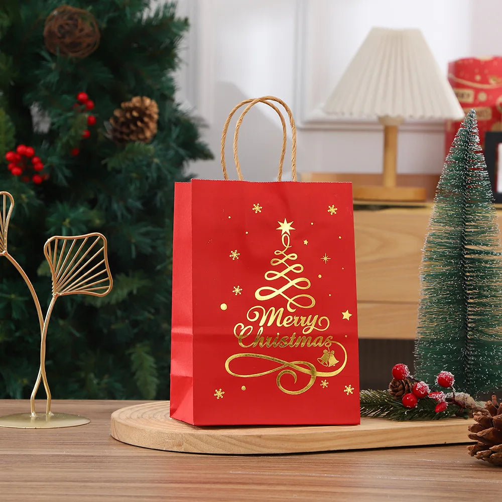 1-24PCS 21X15X8CM Christmas Kraft Paper Handbag Xmas Tree Elk Pattern Gift Candy Cookie Packaging Bags New Year Packing Portable Tote Bags
