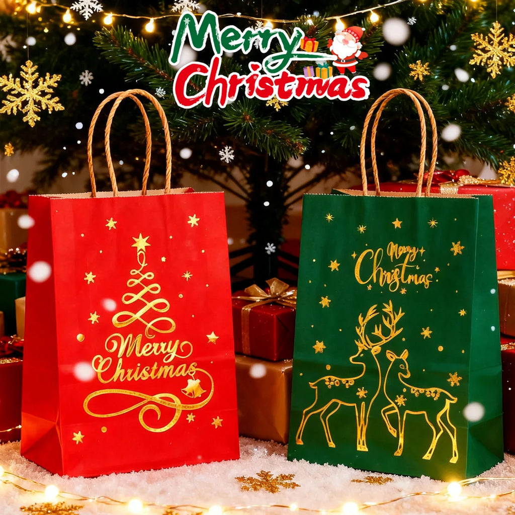1-24PCS 21X15X8CM Christmas Kraft Paper Handbag Xmas Tree Elk Pattern Gift Candy Cookie Packaging Bags New Year Packing Portable Tote Bags