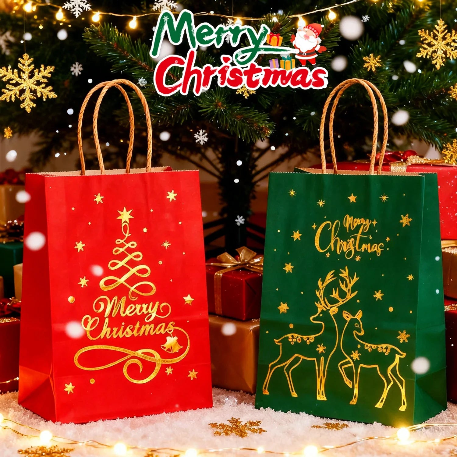 1-24PCS 21X15X8CM Christmas Kraft Paper Handbag Xmas Tree Elk Pattern Gift Candy Cookie Packaging Bags New Year Packing Portable Tote Bags