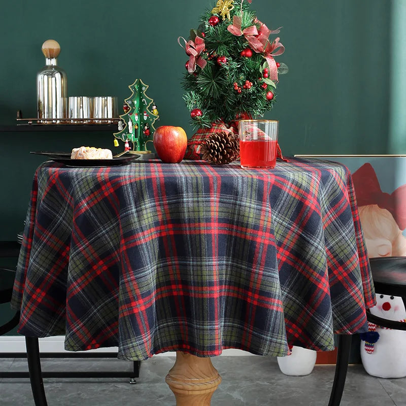 Christmas Tablecloth Round Plaid Tablecloth Wrinkle Resistant Rustic Christmas Checkered Table Cloth for Holiday Party Dining