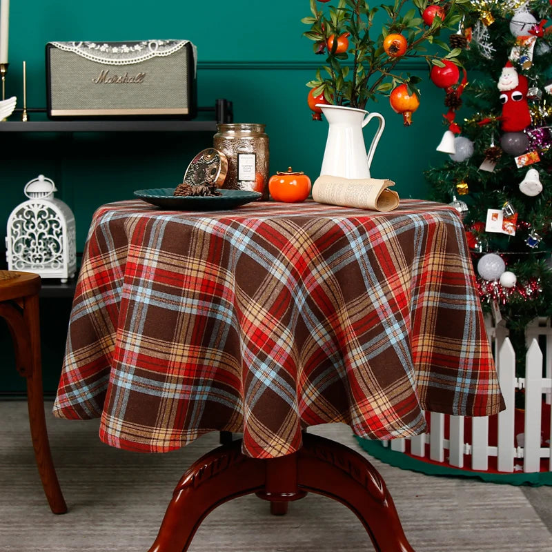 Christmas Tablecloth Round Plaid Tablecloth Wrinkle Resistant Rustic Christmas Checkered Table Cloth for Holiday Party Dining