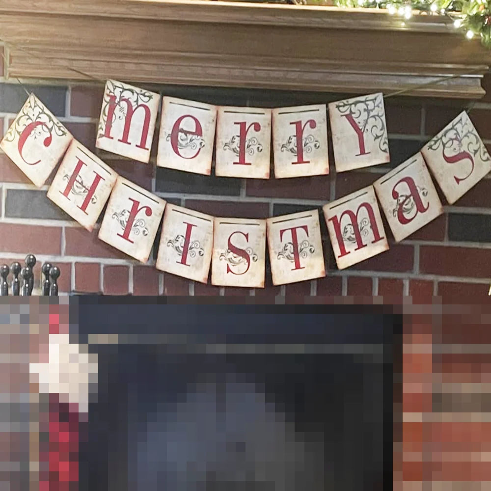 Merry Christmas Banner Christmas Decoration Retro Nostalgic Traditional Xmas Hanging Decor Merry Christmas Sign Fireplace Wall