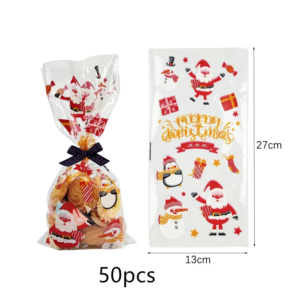 50pcs Christmas Transparent Plastic Gift Bag Candy Biscuit Cookie Snacks Baking Bag New Year Merry Christmas Party Decoration
