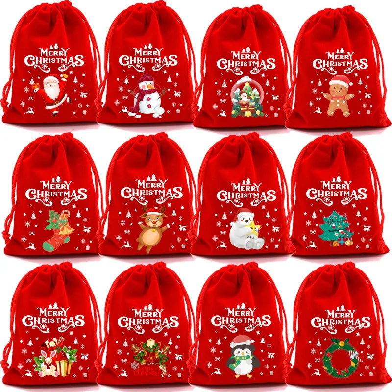 8/12/30pcs Christmas Velvet Drawstring Gift Bag , Suitable for Christmas, Halloween, Party Gifts, Weddings, Birthdays