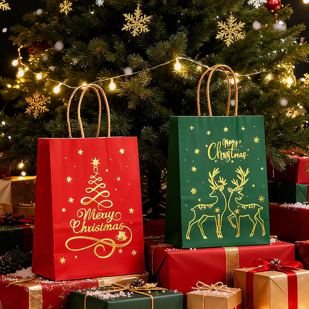 1-24PCS 21X15X8CM Christmas Kraft Paper Handbag Xmas Tree Elk Pattern Gift Candy Cookie Packaging Bags New Year Packing Portable Tote Bags
