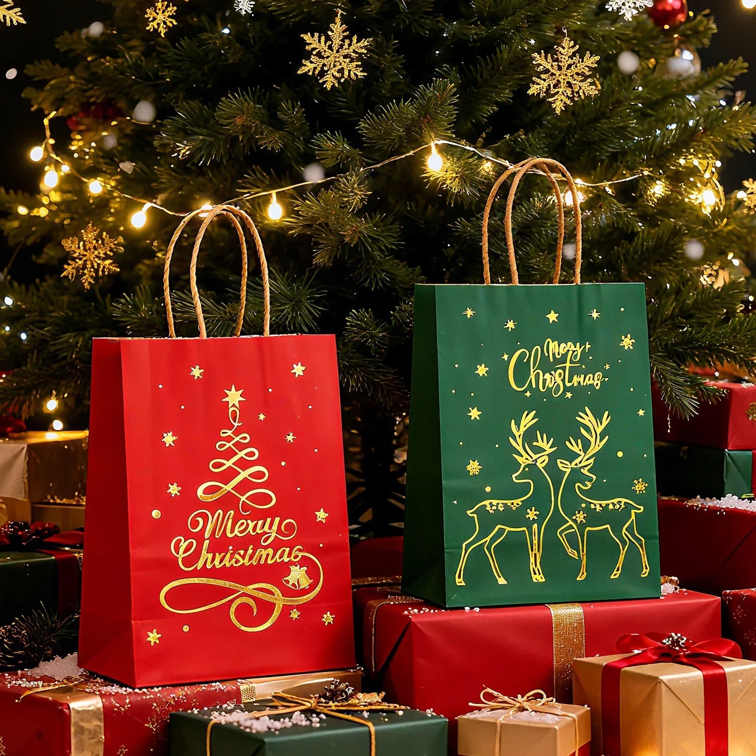 1-24PCS 21X15X8CM Christmas Kraft Paper Handbag Xmas Tree Elk Pattern Gift Candy Cookie Packaging Bags New Year Packing Portable Tote Bags
