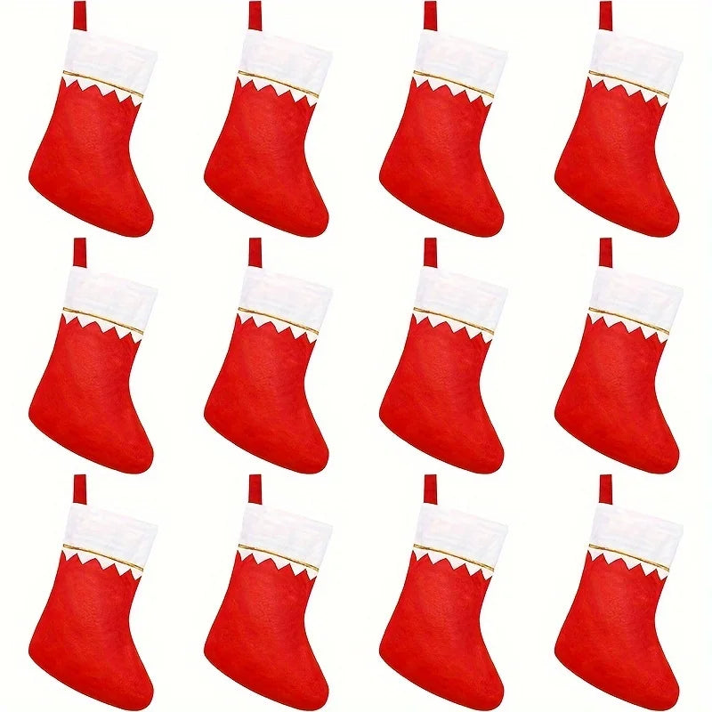 12pcs/Pack Christmas Socks Gift Bag Big Red Socks White Gold Thread Christmas Socks Non woven Light Plate Socks