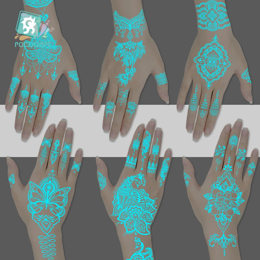 Sexy Tribal Lace Lotus Glow In The Dark Fake Tattoo,Blue Luminous Mandala Flower Temporary Henna Tattoos For Women Girls Hands